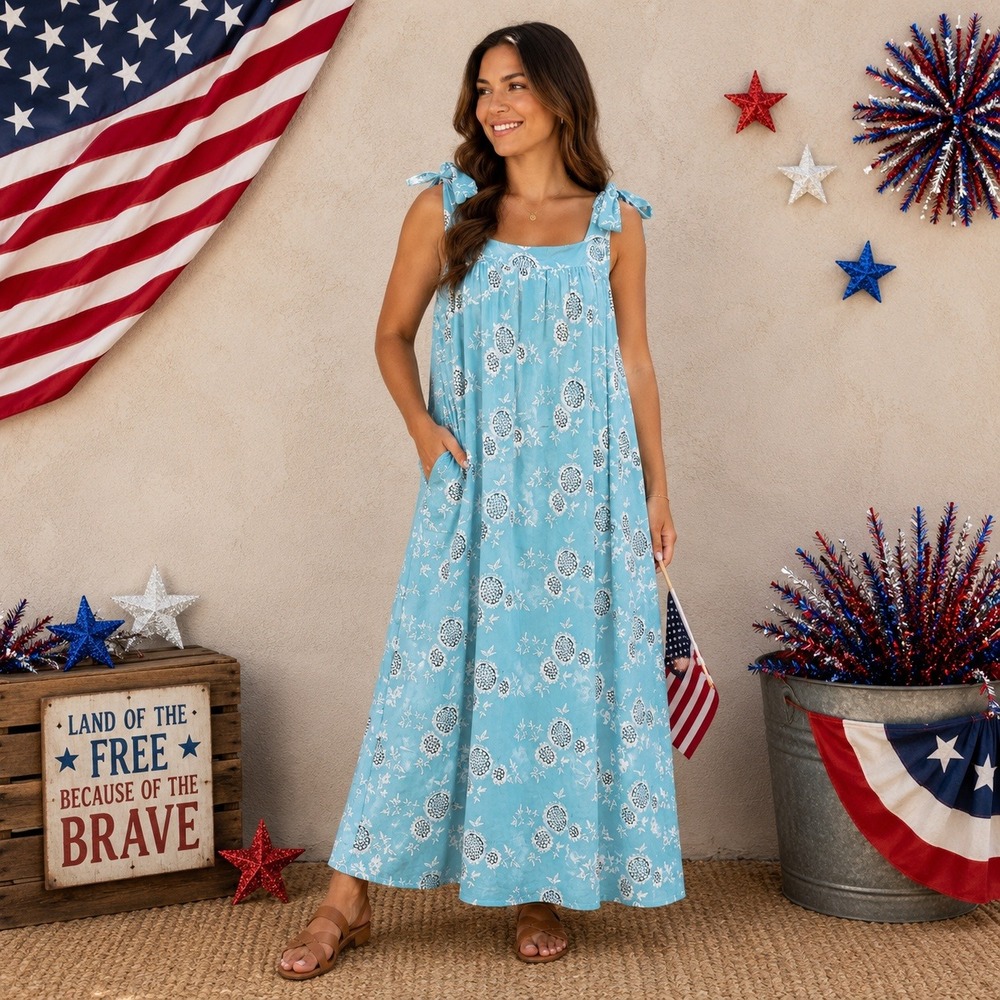 326 Lovelo Embroidered Cotton Tie Shoulder Midi Dress‎ (Large, Blue/White, EUC)